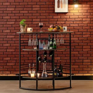 Home Bar Unit, Oval Bar Table with Wood Counter Top and Wine Rack Storage, Wine Bakers Rack, Old School Brown