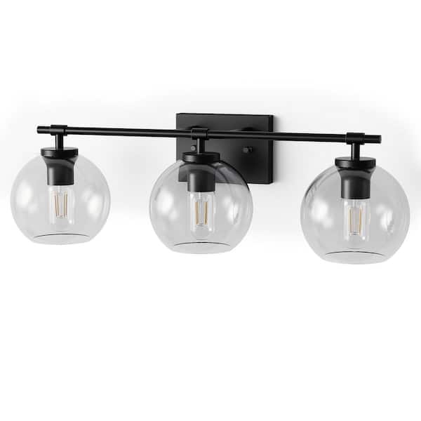 25 in. 3-Light Matte Black Vanity Light with Globe Clear Glass Shade for Bathroom Multi Mounting Positions