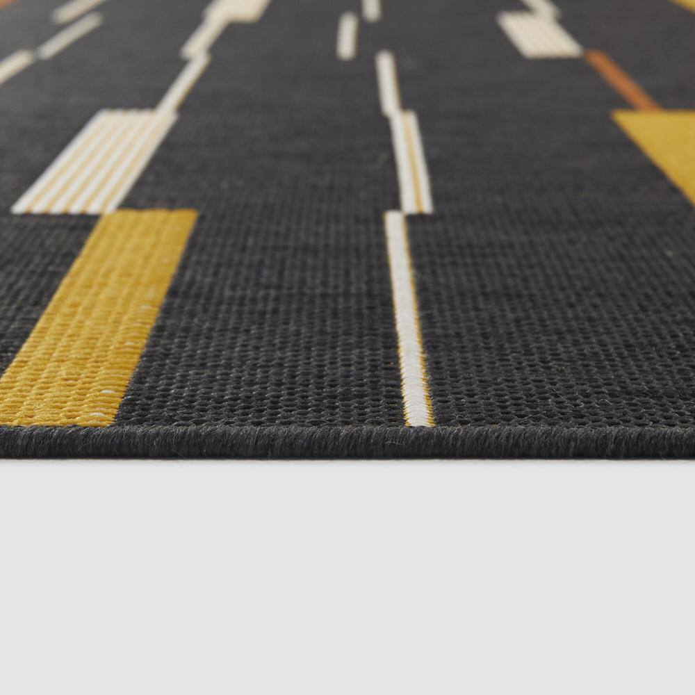 Charcoal and Mustard Striped Synthetic Rectangular Rug