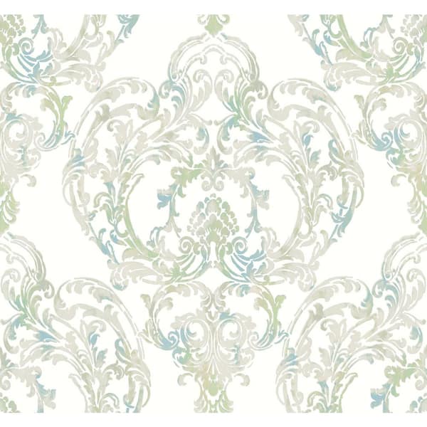 Seabrook Designs Roxen Damask Off-White, Green, and Blue Paper Strippable Roll (Covers 60.75 sq. ft.)
