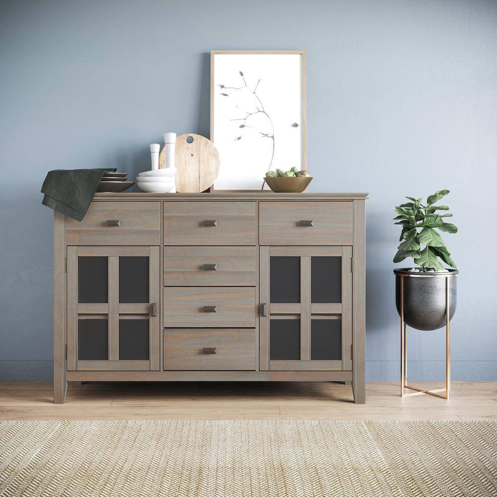 Distressed Gray Pine Sideboard Buffet with Antique Bronze Handles