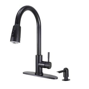 Single Handle High Spout Pull-Down Dual Sprayer Stainless Steel Kitchen Faucet with Soap Dispenser in Matte Black