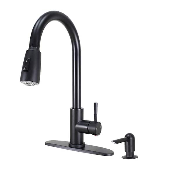 WASSERMAN FAUCETS Single Handle High Spout Pull-Down Dual Sprayer Stainless Steel Kitchen Faucet with Soap Dispenser in Matte Black