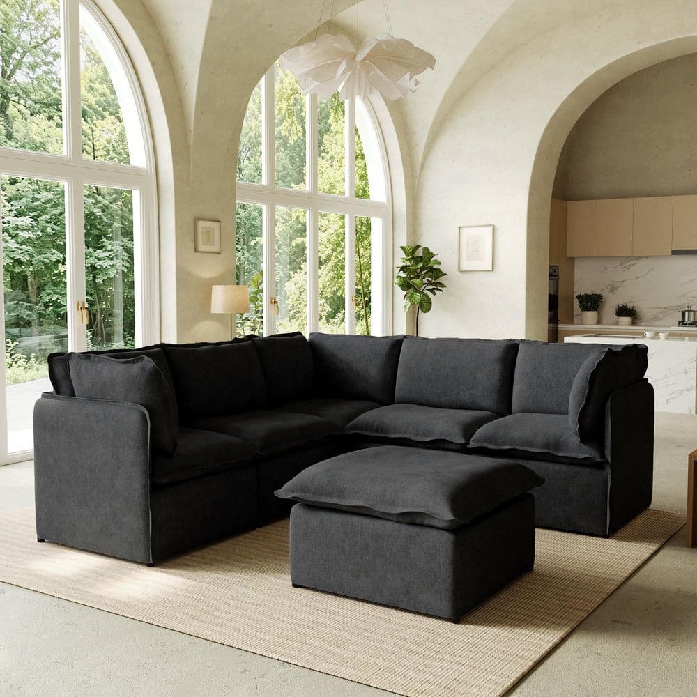 Modern Steel 96 in. 6-Piece Polyester Modular Sectional Sofa Bed with Washable Covers and Ottoman in Black