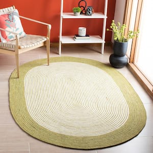 Braided Green Ivory 5 ft. x 7 ft. Border Striped Oval Area Rug