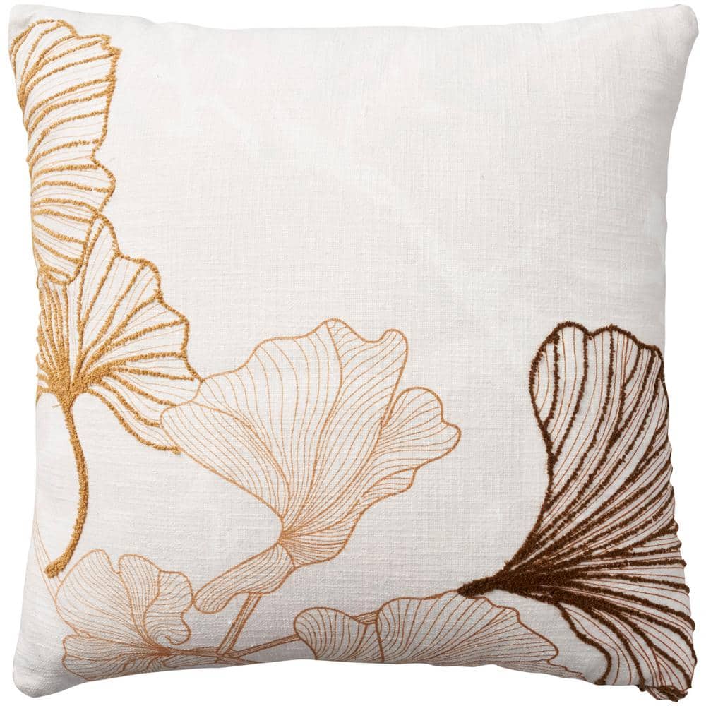 Embroidered Cotton Fan Leaf 18" Square Throw Pillow