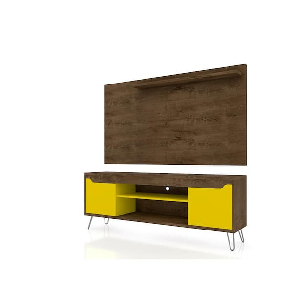 Luxor Baxter 63 in. Rustic Brown and Yellow Particle Board Entertainment Center Fits TVs Up to 50 in. with Wall Panel