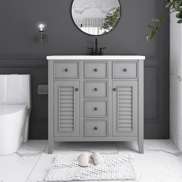 Unbranded 36 in. W x 18 in. D x 34 in. H Freestanding Bath Vanity in Gray with White Ceramic Top