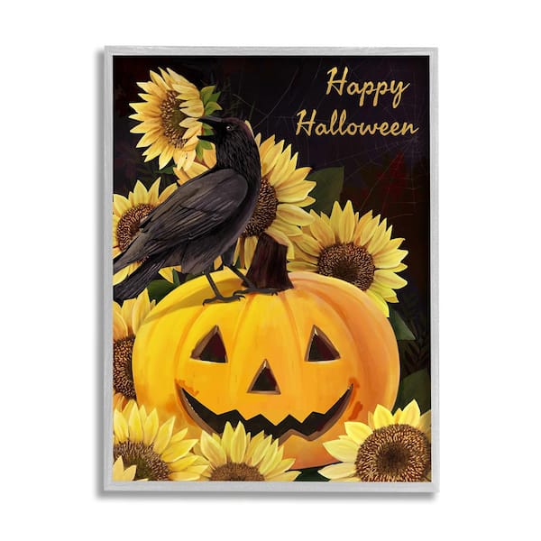 Stupell Industries Crow on Jack-o-Lantern by Diane Neukirch 1 Piece Framed Graphic Print Animal Poster Art Print 20 in. x 16 in.