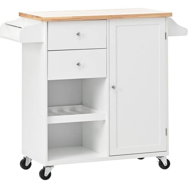 Polibi White Rubber Wood Top 41.34 in. Kitchen Cart with 2-Drawers and 3-Open Shelves