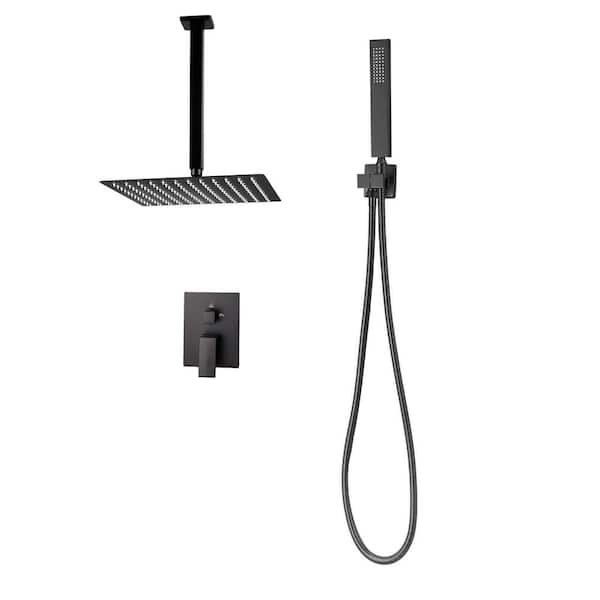 Shower Faucet Set, Matte Black Ceiling-Mount with Brass Valve, 10 in. Rainfall Shower Head and Handheld Spray