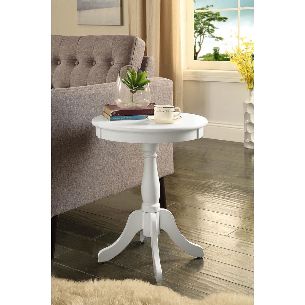 White Solid Wood Round Side Table with Turned Base