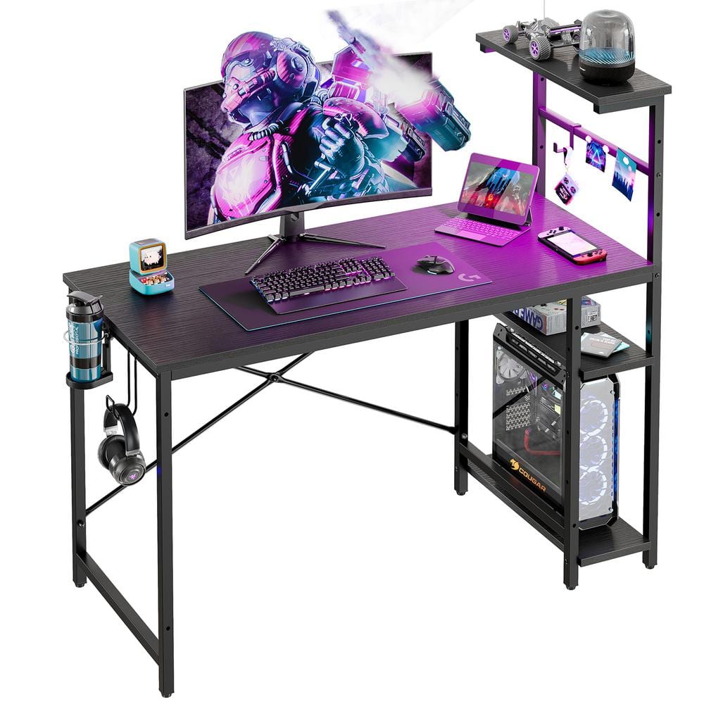 Bestier 44 in. Rectangular Black Grained Gaming Desk with RGB LED Lights Computer Desk with 4 Tier Storage Shelves and Hooks