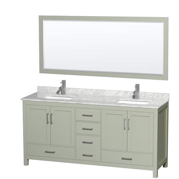 Wyndham Collection Sheffield 72 in. W x 22 in. D x 35 in. H Double Bath Vanity in Light Green with White Carrara Marble Top and 70" Mirror