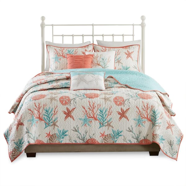 Pacific Grove 6-Piece Coral Full/Queen Cotton Sateen Reversible Coverlet Set