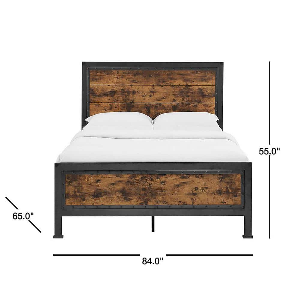 Rustic Industrial Queen Bed with Wood Headboard and Nailhead Trim