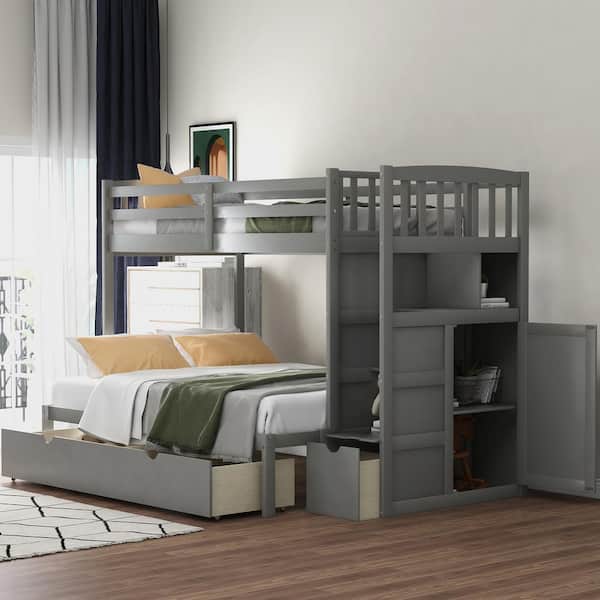 Full Twin Convertible Bunk Bed, Grey Twin Over Full Bunk Bed With Storage Underneath