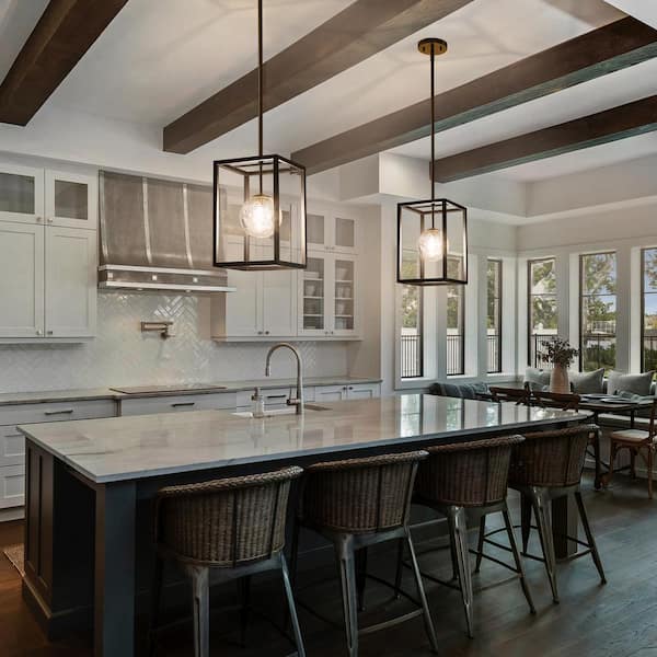 1 Light Black and Gold Metal Pendant Light with Globe Glass Shade for Kitchen Island