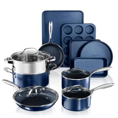 Classic Blue 15-Piece Aluminum Ultra-Durable Non-Stick Diamond Infused Cookware and Bakeware Set