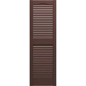 14-1/2 in. x 60 in. Lifetime Vinyl Standard Cathedral Top Center Mullion Open Louvered Shutters Pair Federal Brown