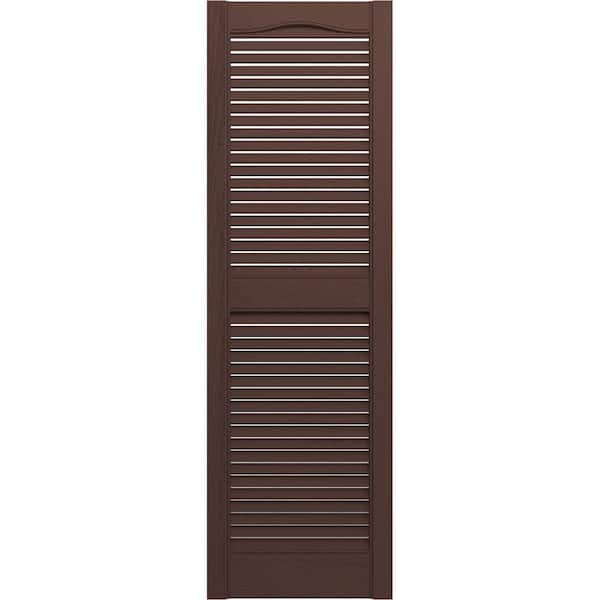 Ekena Millwork 14-1/2 in. x 60 in. Lifetime Vinyl Standard Cathedral Top Center Mullion Open Louvered Shutters Pair Federal Brown