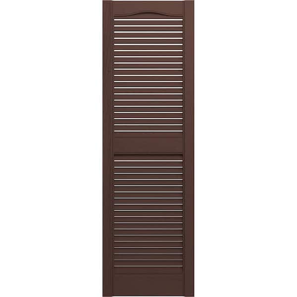 Ekena Millwork 14-1/2 in. x 64 in. Lifetime Vinyl Standard Cathedral Top Center Mullion Open Louvered Shutters Pair Federal Brown