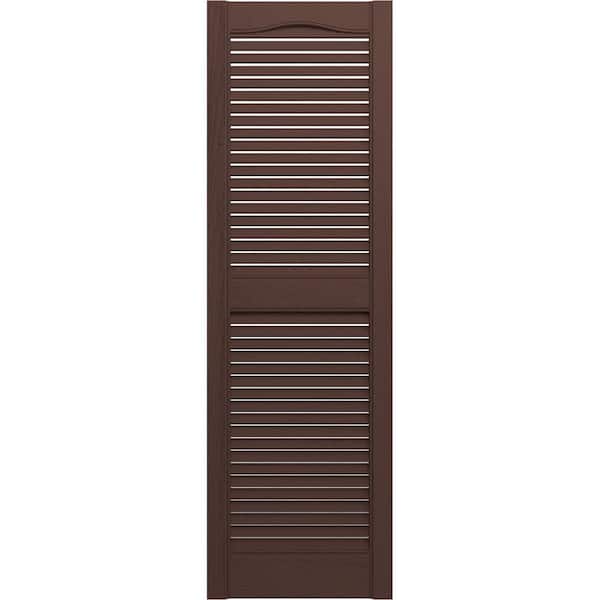 Ekena Millwork 14-1/2 in. x 72 in. Lifetime Vinyl Standard Cathedral Top Center Mullion Open Louvered Shutters Pair Federal Brown