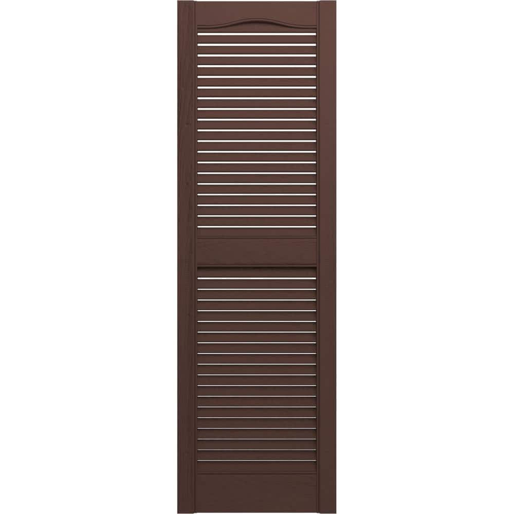 Ekena Millwork 14-1/2 in. x 75 in. Lifetime Vinyl Standard Cathedral Top Center Mullion Open Louvered Shutters Pair Federal Brown