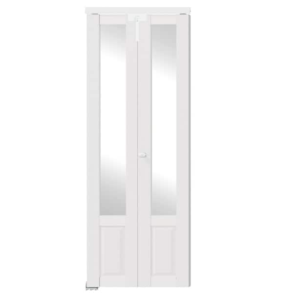 36 in. x 80 in. Half Lite Mirrored Glass Solid Core White PVC Covering MDF Bi-fold Door with Locks and Handles