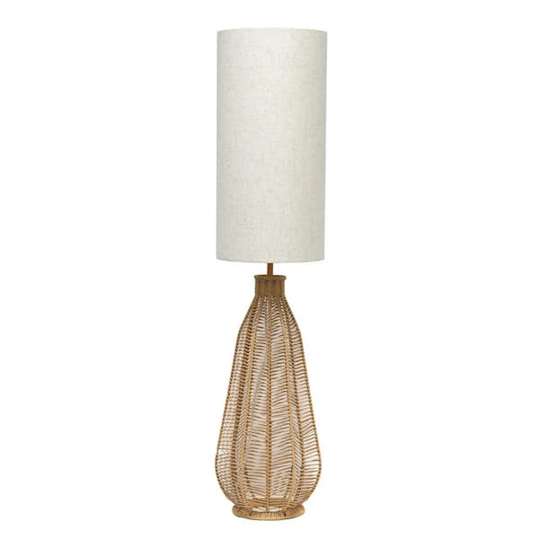 46.75 in. Natural Boho Coastal Rustic Paper Rope Rattan Wicker Standard Floor Lamp with Light Beige Fabric Shade
