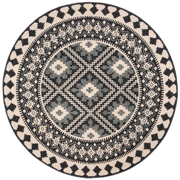 SAFAVIEH Veranda Ivory/Gray Doormat 3 ft. x 3 ft. Aztec Geometric Indoor/Outdoor Patio Round Area Rug