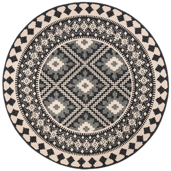 SAFAVIEH Veranda Ivory/Gray 8 ft. x 8 ft. Aztec Geometric Indoor/Outdoor Patio  Round Area Rug