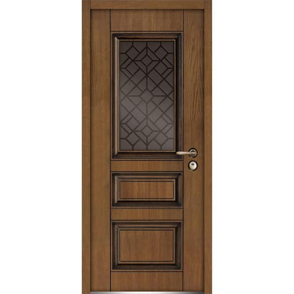 VDOMDOORS 36 in. x 80 in. 2 Panels Left-Hand/Inswing 1 Lite Tinted Glass Brown Finished Steel Prehung Front Door with Handle