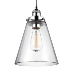 Baskin 8.5 in. W 1-Light Polished Nickel Contemporary Clear Glass Cone Pendant with Adjustable Gray Cloth Cord