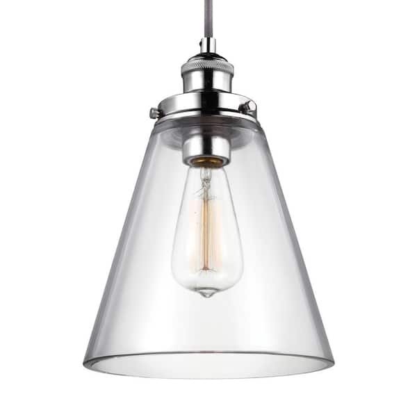 Generation Lighting Baskin 8.5 in. W 1-Light Polished Nickel Contemporary Clear Glass Cone Pendant with Adjustable Gray Cloth Cord
