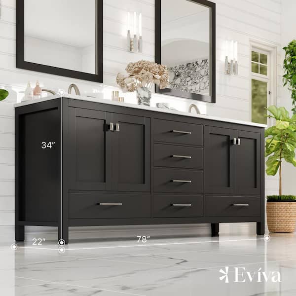 Eviva Aberdeen 78 in. W x 22 in. D x 34 in. H Double Bath Vanity in White with Carrara Quartz Top with White Sinks
