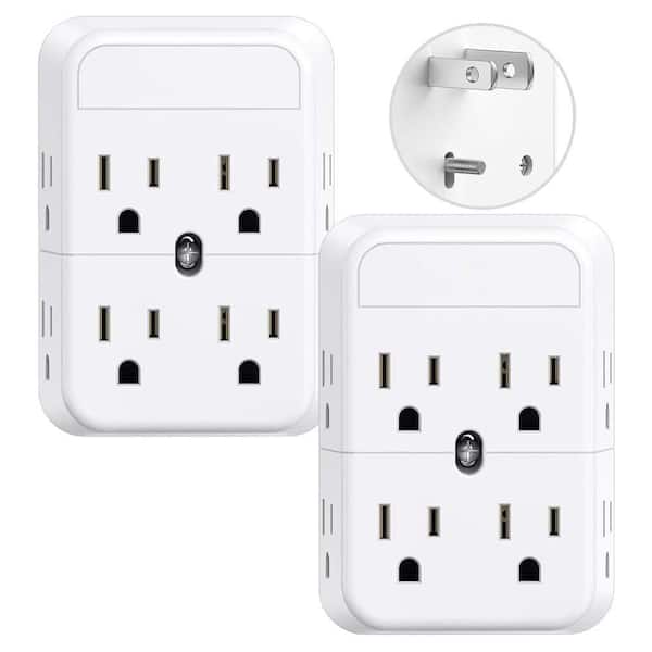 2 Prong to 3 Prong Outlet Adapter, 8-Outlets, Polarized Plug, 1875W Max Wall Tap Splitter, Secure Wall Mount, 2-Pack