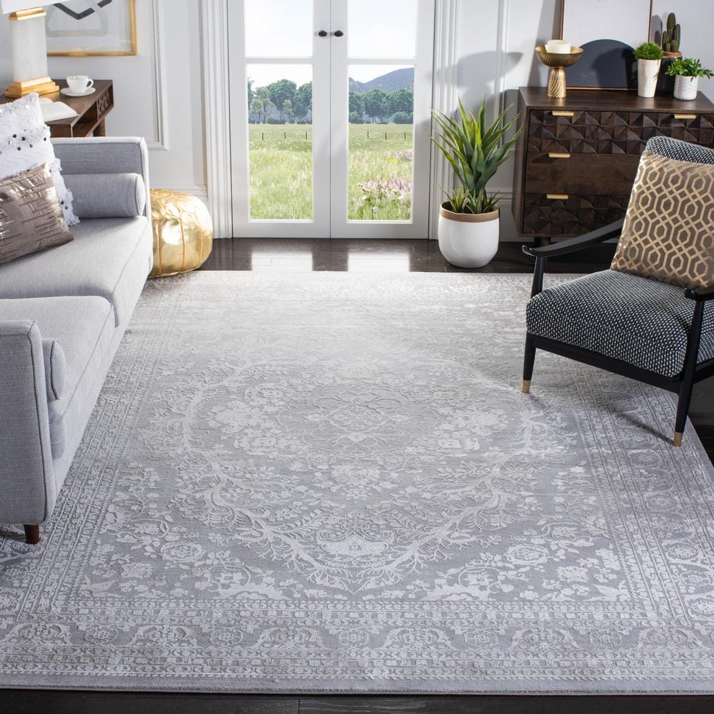 Gray Floral Motif Synthetic 9' x 12' Area Rug