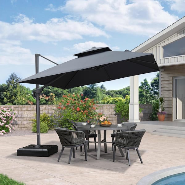 PURPLE LEAF 10 ft. Square 2-Tier Aluminum Cantilever 360-Degree Rotation Patio Umbrella with Base, Gray