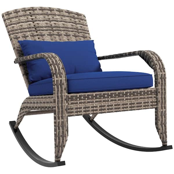 Tenleaf Gray Wicker Outdoor Adirondack Rocking Chair with High Back, Blue Seat Cushion, and Pillow
