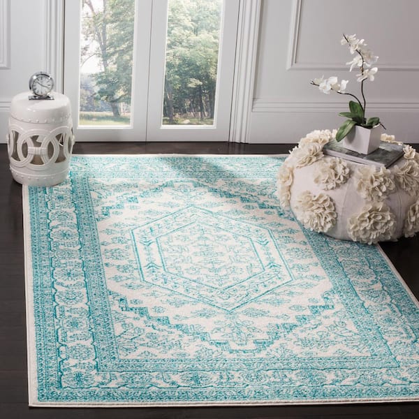 Adirondack Ivory/Teal 3 ft. x 5 ft. Border Medallion Area Rug