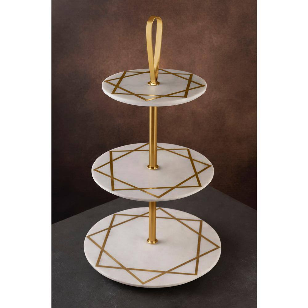 White Marble and Brass Three-Tier Geometric Cake Stand