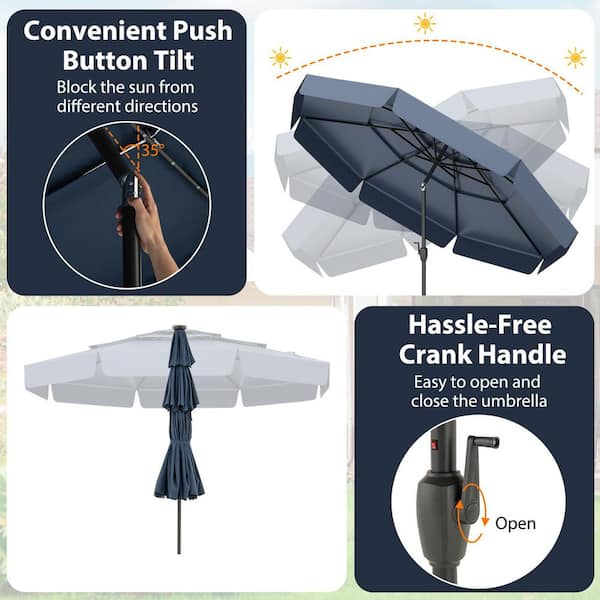 10 ft. Steel Market Solar Patio Umbrella with 3-Tier Vented Top and 32 LED Lights in Navy Blue