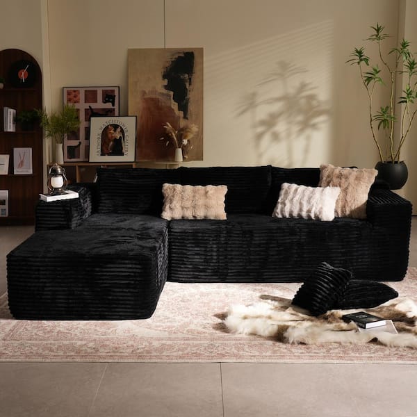 Allwex Verve 106 in. Square Arm 2-Piece Modern Plush Corduroy Fabric L-Shape Modular Sectional Sofa in Black with Left Chaise