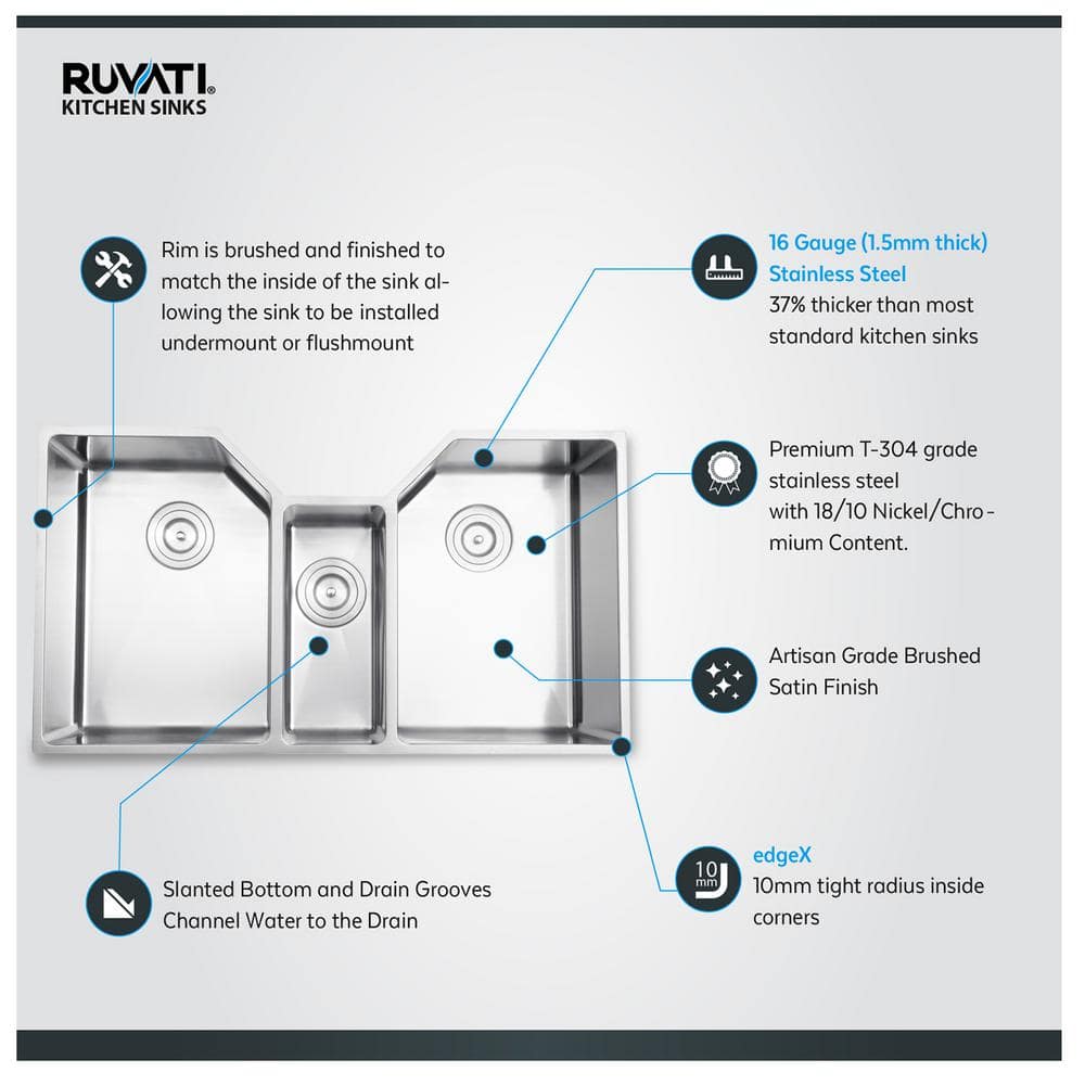 Ruvati 35" Triple Bowl Satin Stainless Steel Undermount Kitchen Sink