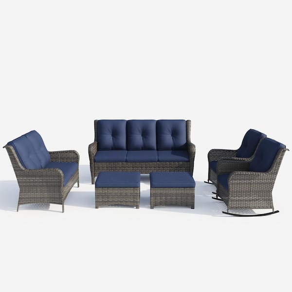 Brown 6-Piece Wicker Outdoor Patio Conversation Set with Blue Cushions and Rocking Chairs