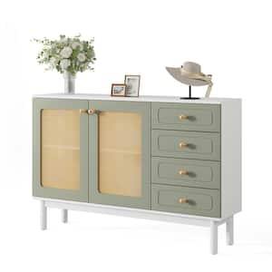 Pealaa Mint Green White Rattan Wood 47 in. 4-Drawer Dresser Farmhouse Chest of Drawer 2-Tier Storage Cabinet