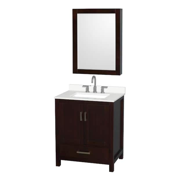 Wyndham Collection Sheffield 30 in. W x 22 in. D x 35 in. H Single Bath Vanity in Espresso with White Quartz Top and Mirror