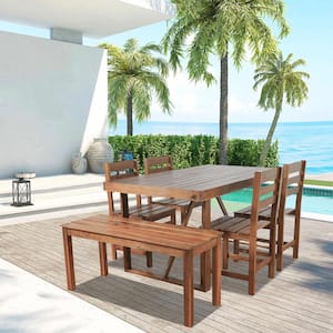 High-quality Brown 6-Piece Acacia Wood Outdoor Dining Set Suitable for Patio Balcony Backyard