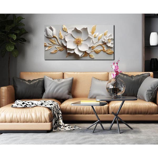 20 in. x 40 in. Framed White and Gold Flower Canvas Wall Art for
